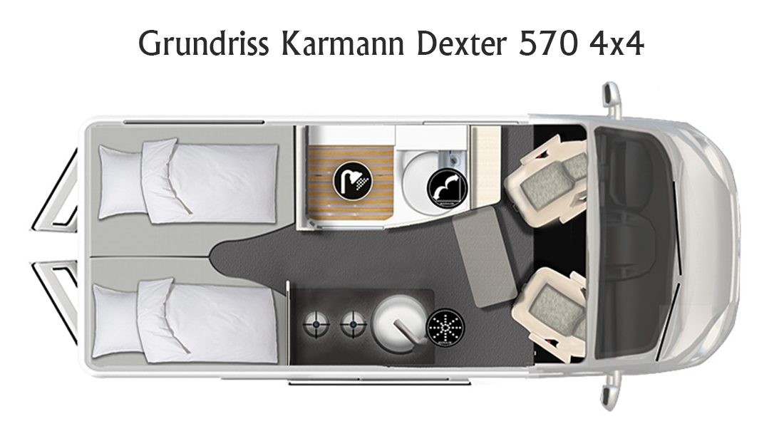 Grundrisszeichnung des Kastenwagen Wohnmobils Karmann Dexter 570 4x4 mit Längsbetten