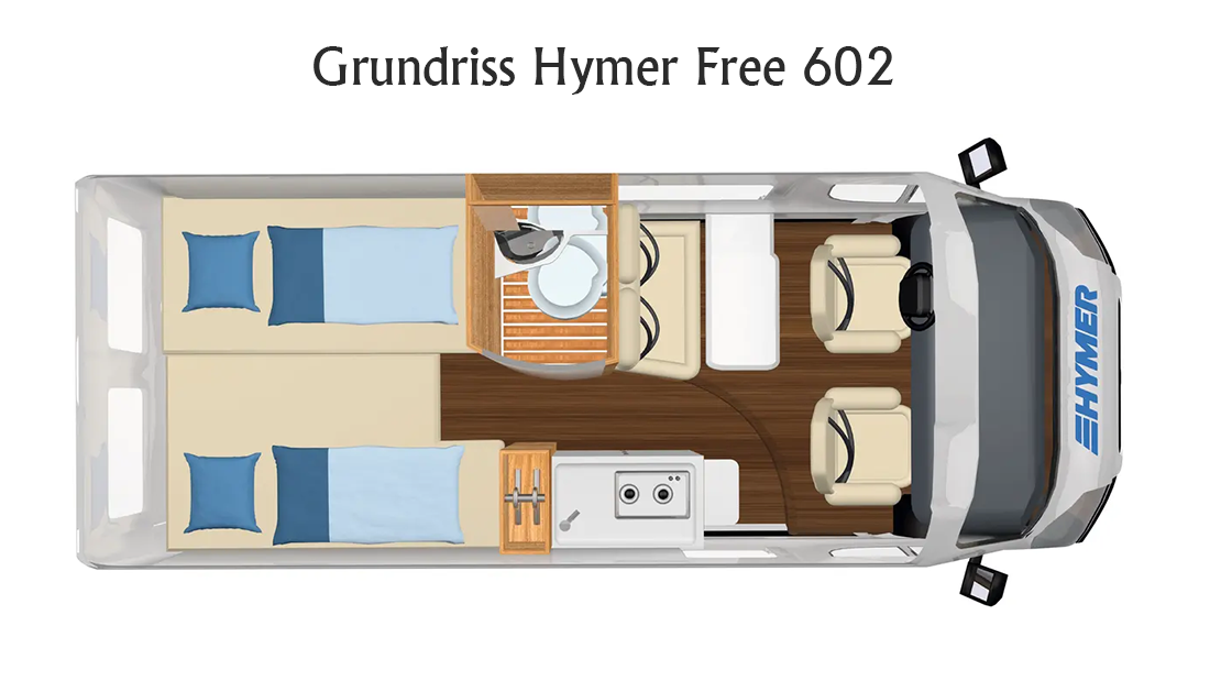 Grundrisszeichnung des Kastenwagen Wohnmobils Hymer Free 602 mit Längsbetten