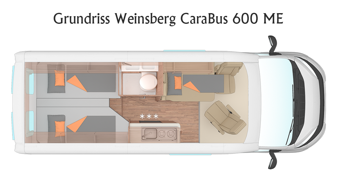 Grundrisszeichnung des Kastenwagen Wohnmobils Weinsberg CaraBus 600 ME mit Längsbetten