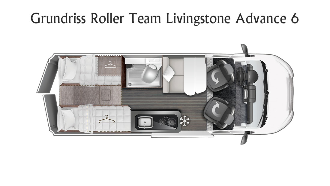 Grundrisszeichnung des Kastenwagen Wohnmobils Roller Team Livingstone Advance 6 mit Längsbetten