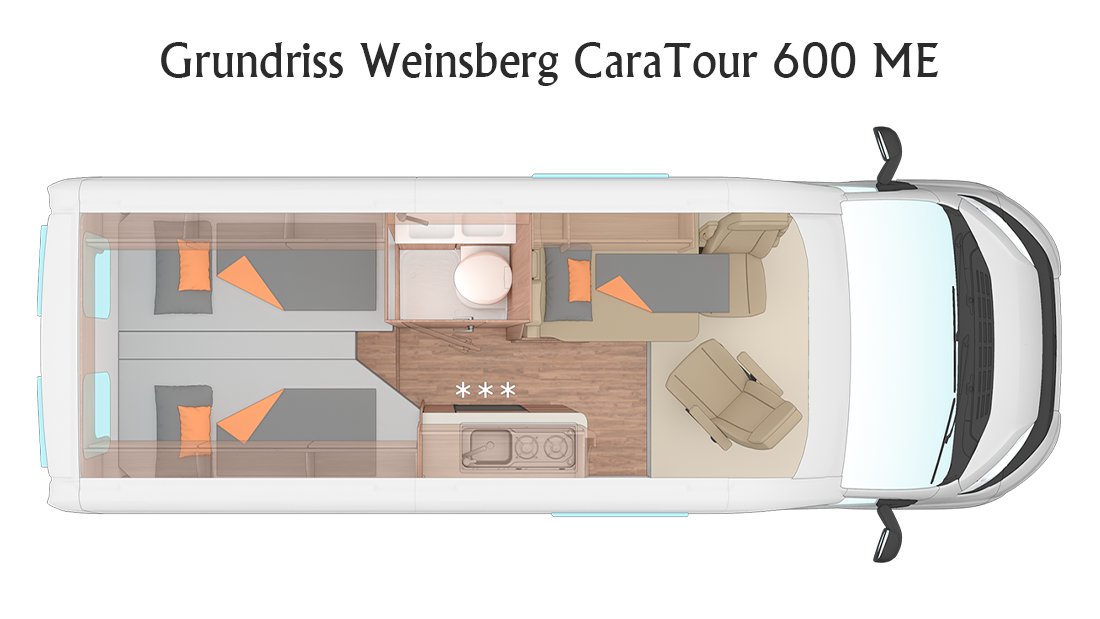 Grundrisszeichnung des Kastenwagen Wohnmobils Weinsberg CaraTour 600 ME mit Längsbetten
  