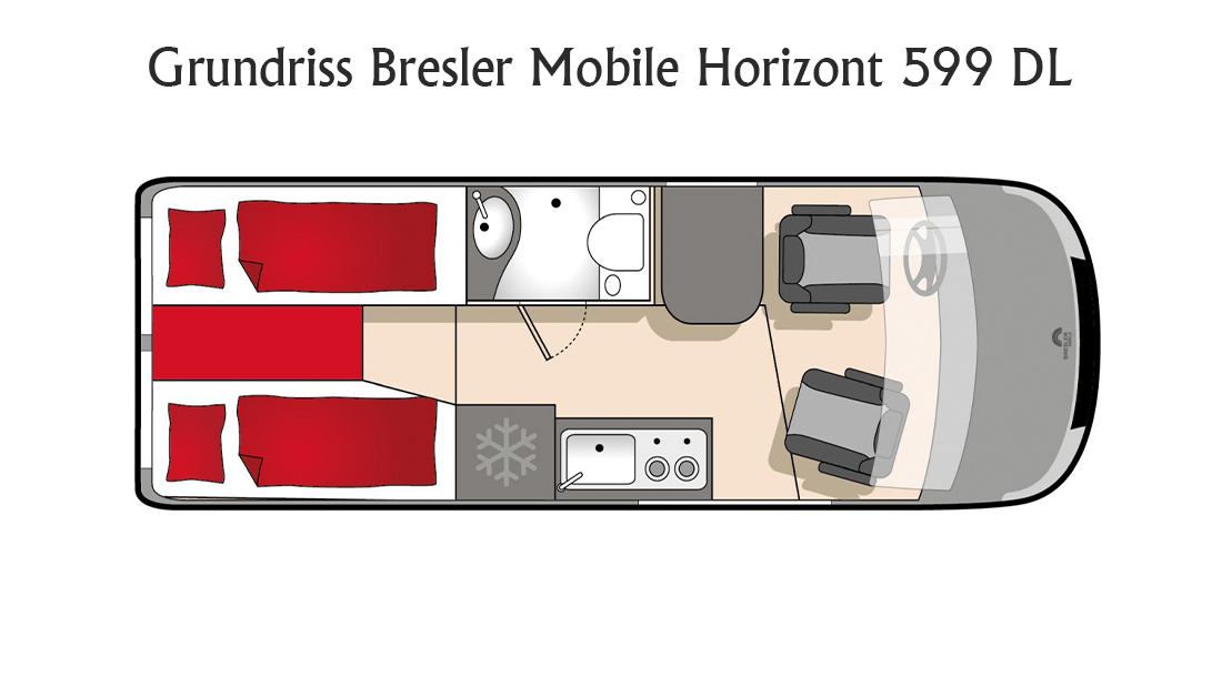 Grundrisszeichnung des Kastenwagen Wohnmobils Bresler Horizont 599 DL mit Längsbetten
