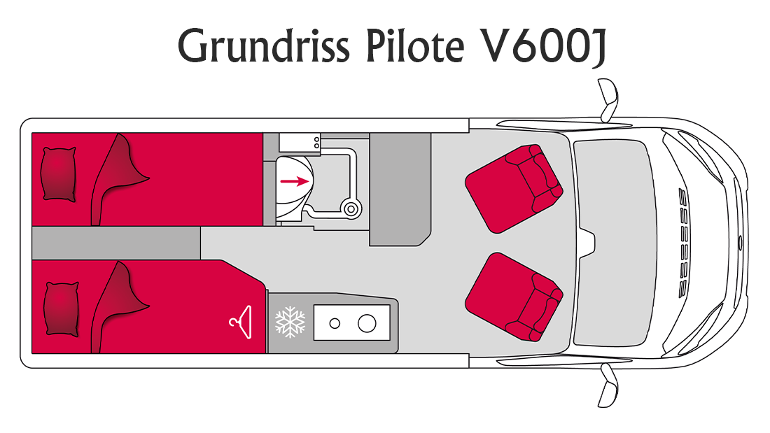 Grundrisszeichnung des Kastenwagen Wohnmobils Pilote V600J mit Längsbetten