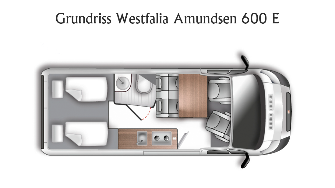 Grundrisszeichnung des Kastenwagen Wohnmobils Westfalia Amundsen 600 E mit Längsbetten