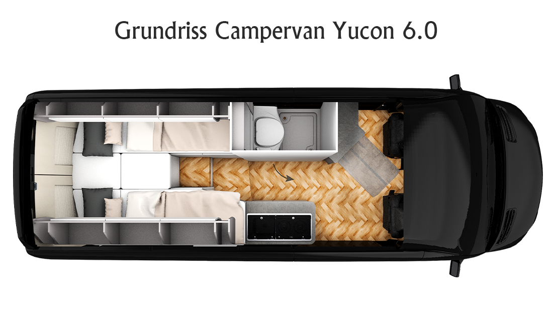 Grundrisszeichnung des Kastenwagen Wohnmobils Microliner Campervan Yucon 6.0 mit Längsbetten