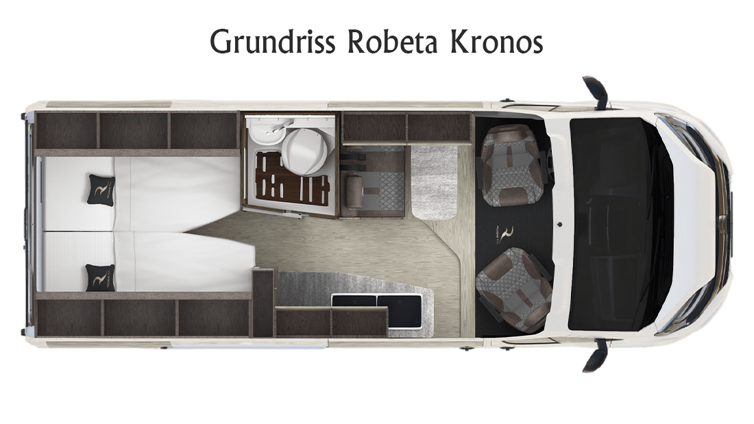 Grundrisszeichnung des Kastenwagen Wohnmobils Robeta Kronos mit Längsbetten