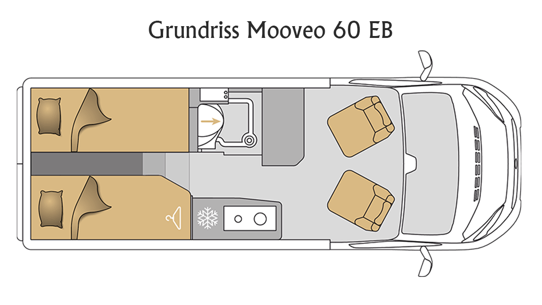 Grundrisszeichnung des Kastenwagen Wohnmobils Mooveo 60 EB mit Längsbetten